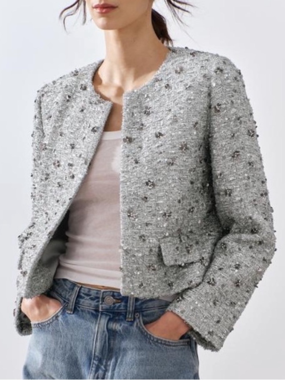 Zara ZW Collection Sequin Jacket Silver Size M NWT